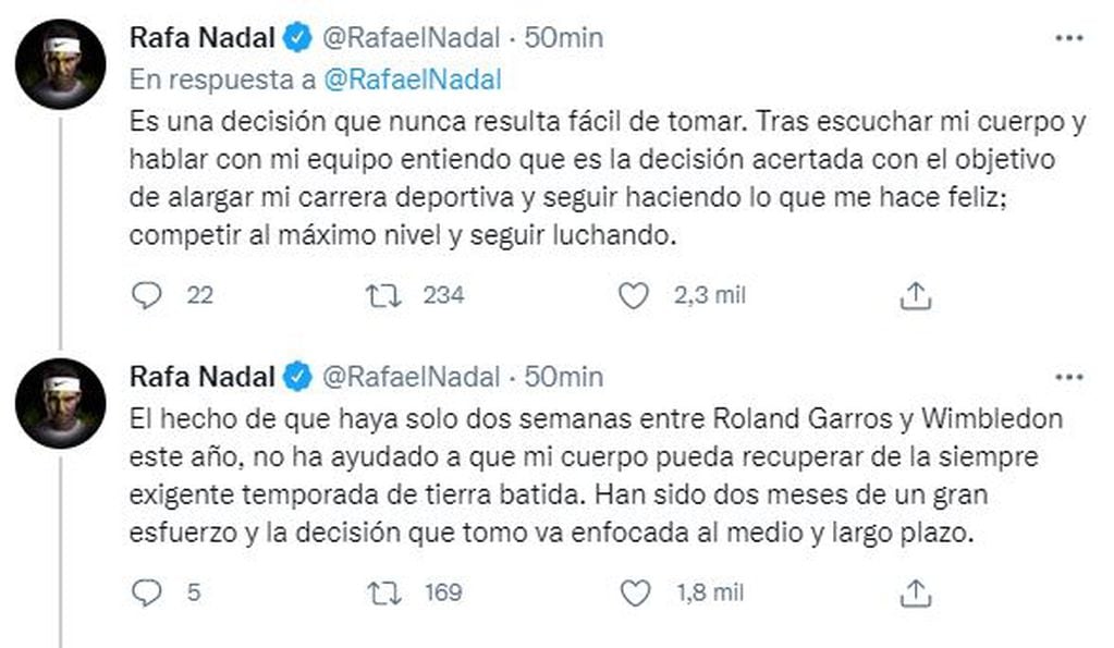 Rafael Nadal y su hilo en Twitter. 