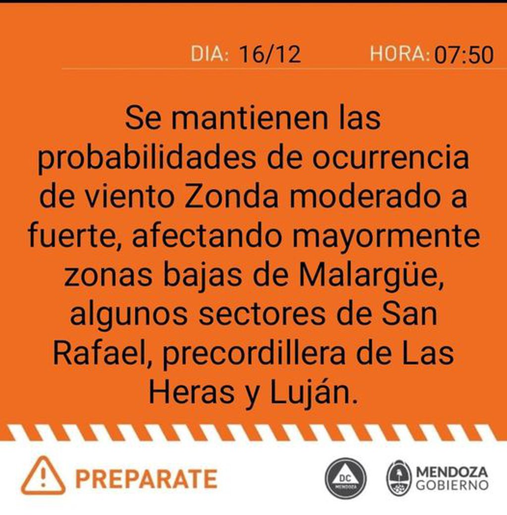 Alerta de Defensa Civil de Mendoza. Foto: Facebook / Defensa Civil Mendoza