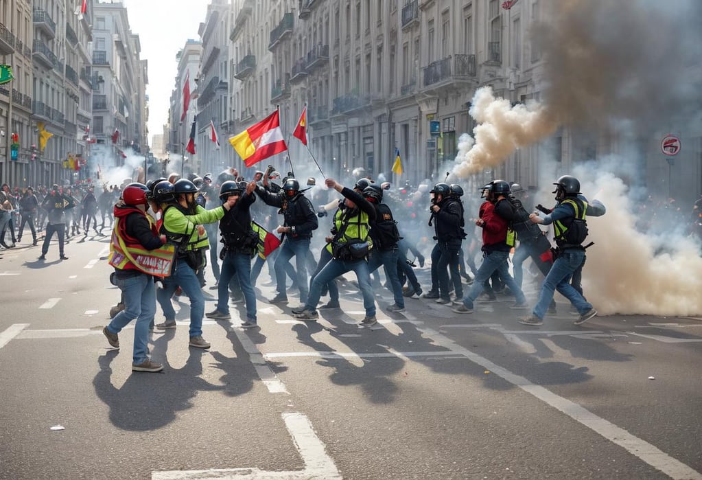 "Spain" en una imagen de peleas policiales. Gentileza: 20 minutos.