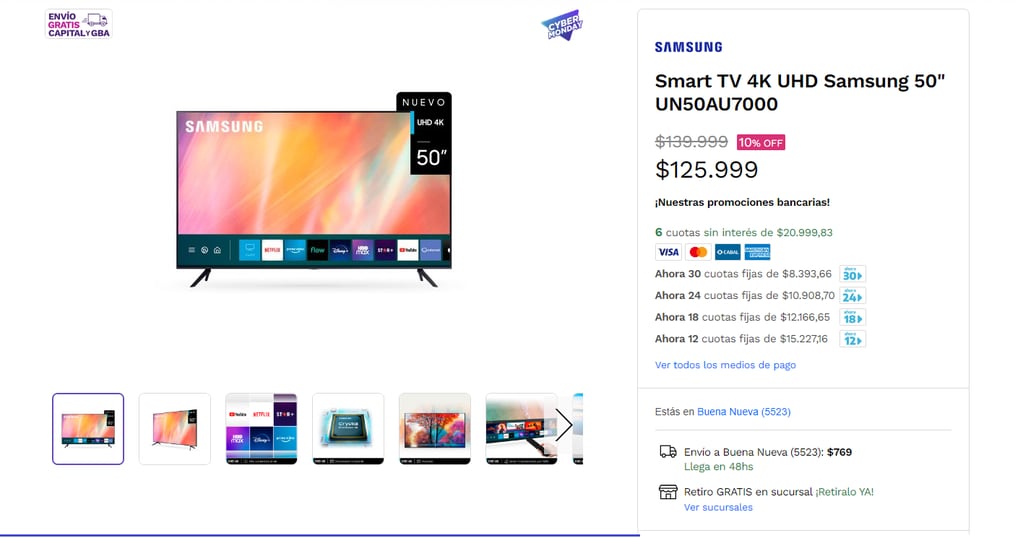 Un Samsung 50" a $125.999 con Cyber Monday