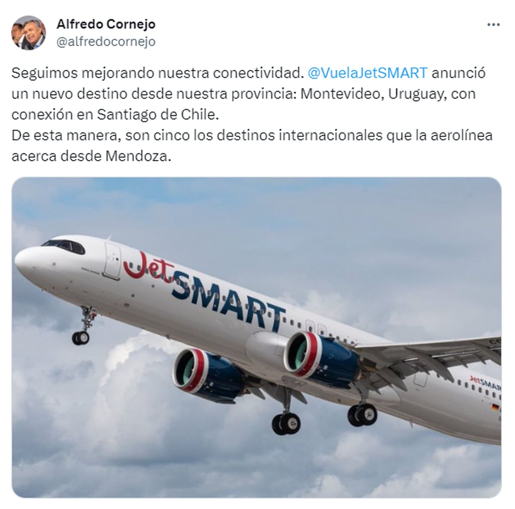 El gobernador anunció el nuevo destino en sus redes - X Alfredo Cornejo