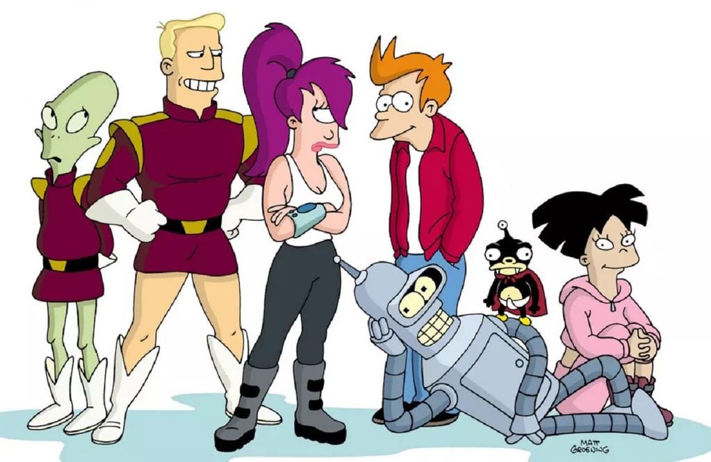 Kif, Zapp Brannigan, Leela, Fry, Bender, Mordelón y Amy de "Futurama"