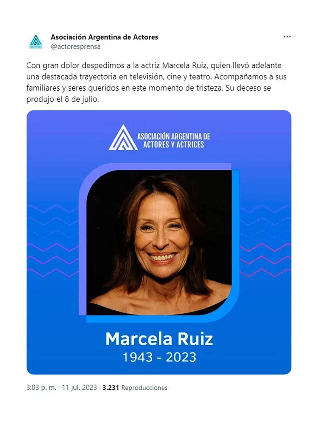 Murió la actriz Marcela Ruiz.