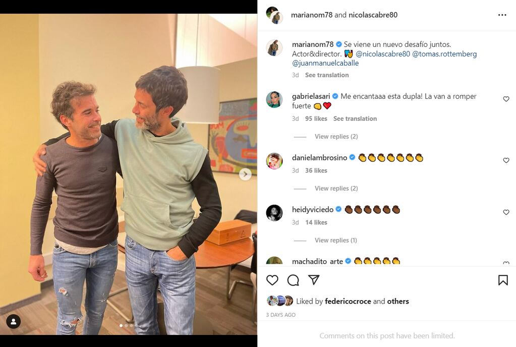 Nicolás Cabré postea sobre sus amigos en Instagram