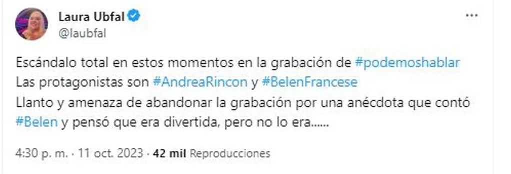 El tuit de Laura Ubfal sobre el escándalo de Andrea Rincón y Belén Francese en "Ph, podemos hablar". (Foto: captura de pantalla)