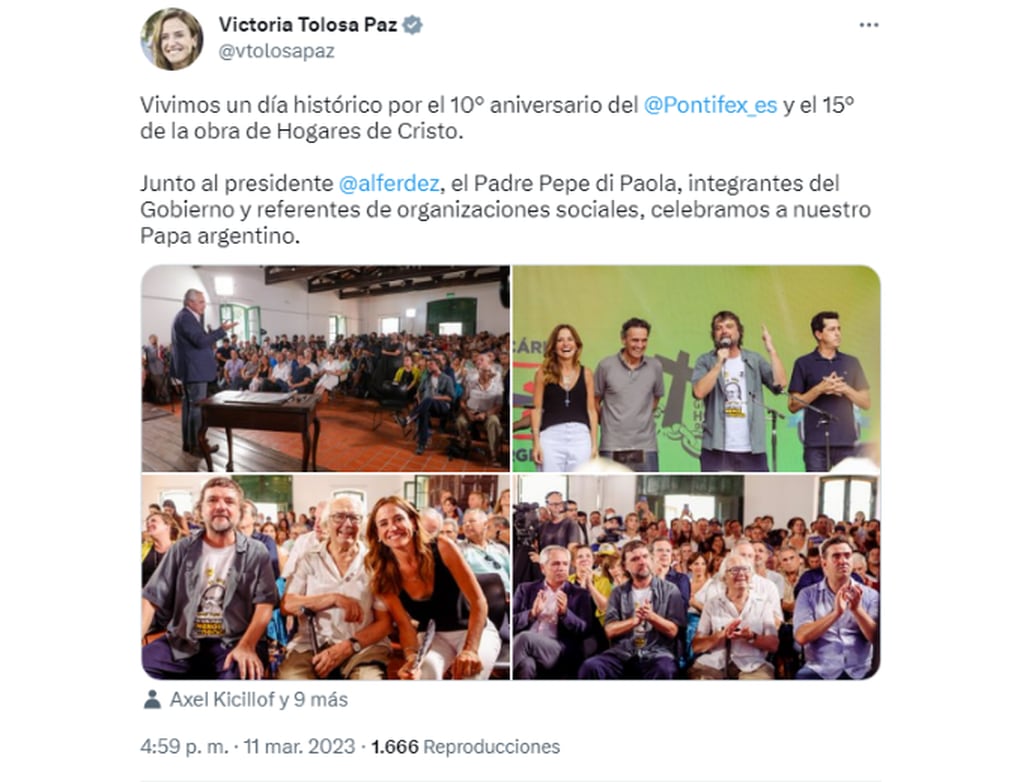 Tweet de Victoria Tolosa Paz, Ministra de Desarrollo Social de la Nación. Foto: Twitter.