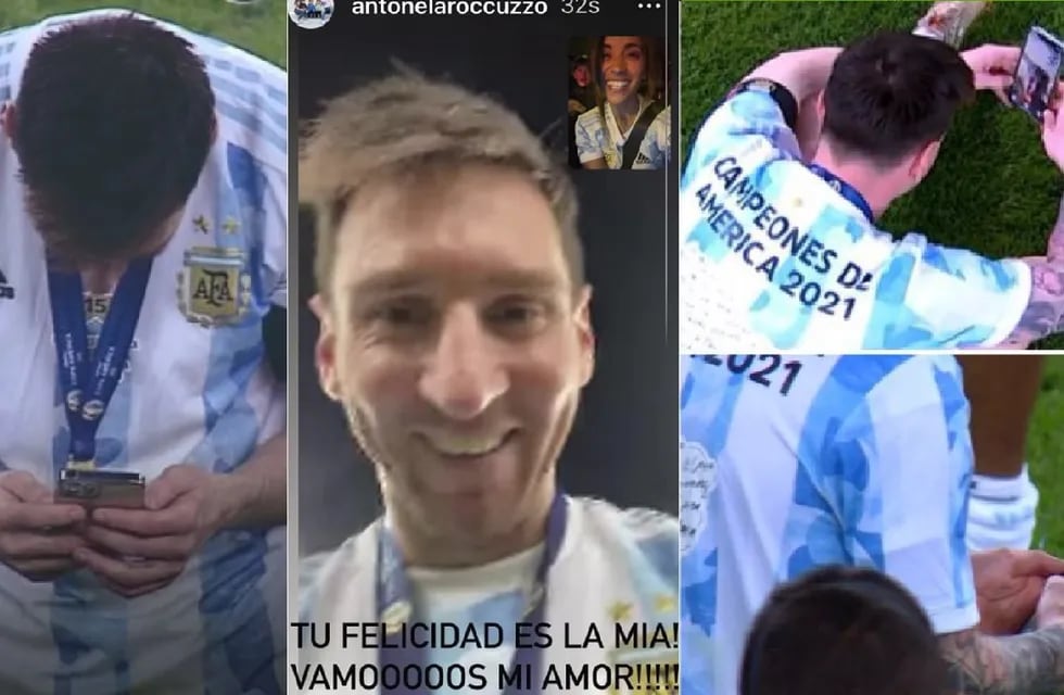 ¡¿Para qué esperar?! Messi en la impostergable videollamada con su familia, luego del triunfo sobre Brasil en la final de la Copa América en el Maracaná.