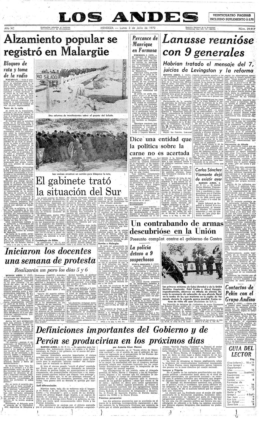 Alzamiento popular se registró en Malargüe: así titulaba la edición de Los Andes del 3 de julio de 1972 los acontecimientos en el Sur. 