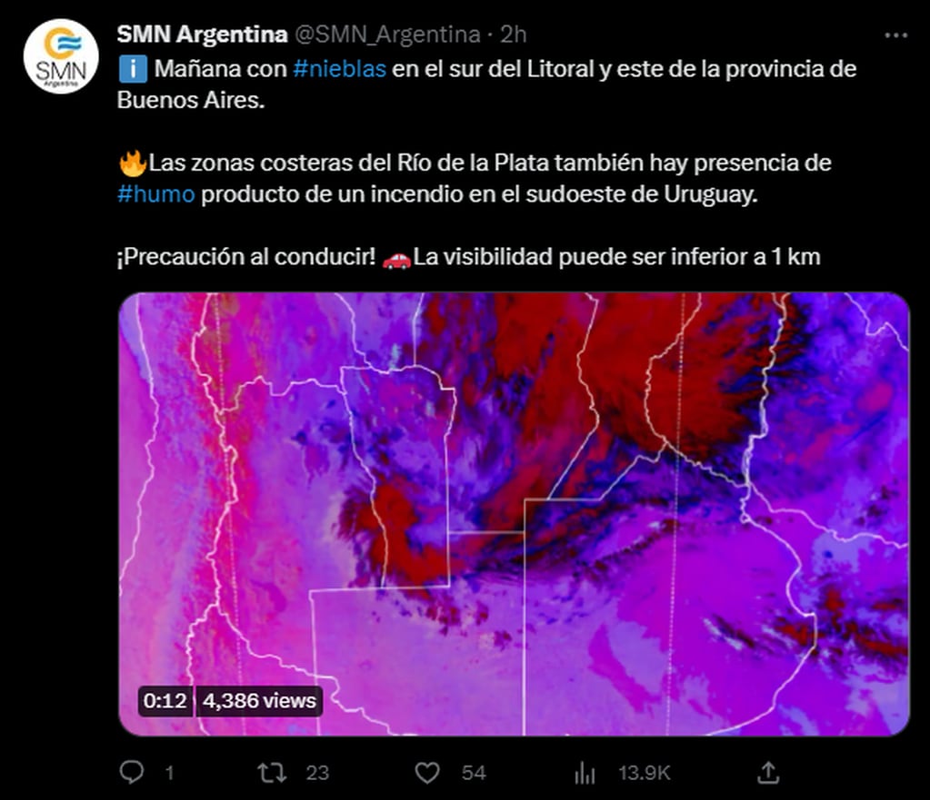 Advertencia del SMN. Foto: Twitter/@SMN_Argentina