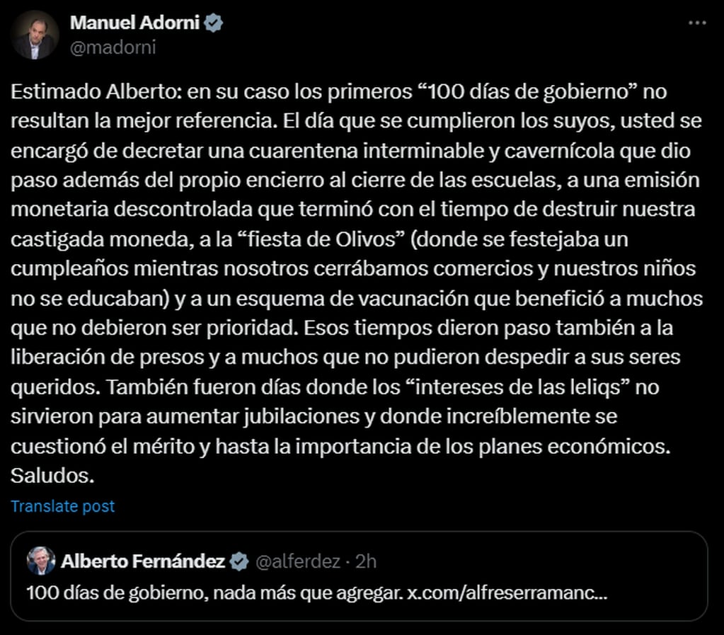 El respuesta de Adorni a la crítica de Alberto Fernández. Captura: X / @madorni