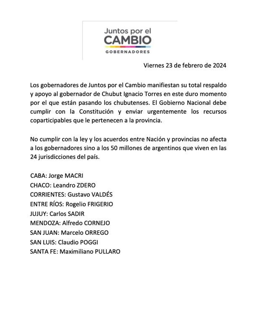 El comunicado de los gobernadores de Juntos por el Cambio respaldando al chubutense Ignacio Torres.