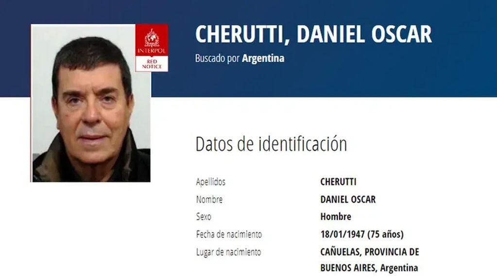 El pedido internacional de Interpol por Daniel Cherutti (Captura web).