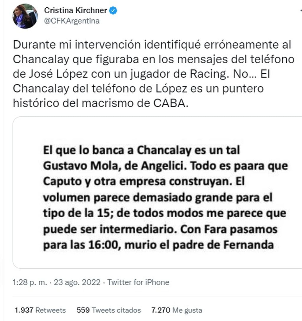 Cristina Kirchner aclaró a qué Chancalay se refería en su intervención (Twitter)