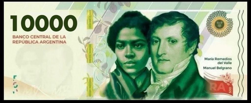 Diseño ilustrativo del nuevo billete de $10.000 con María Remedios del Valle y Manuel Belgrano