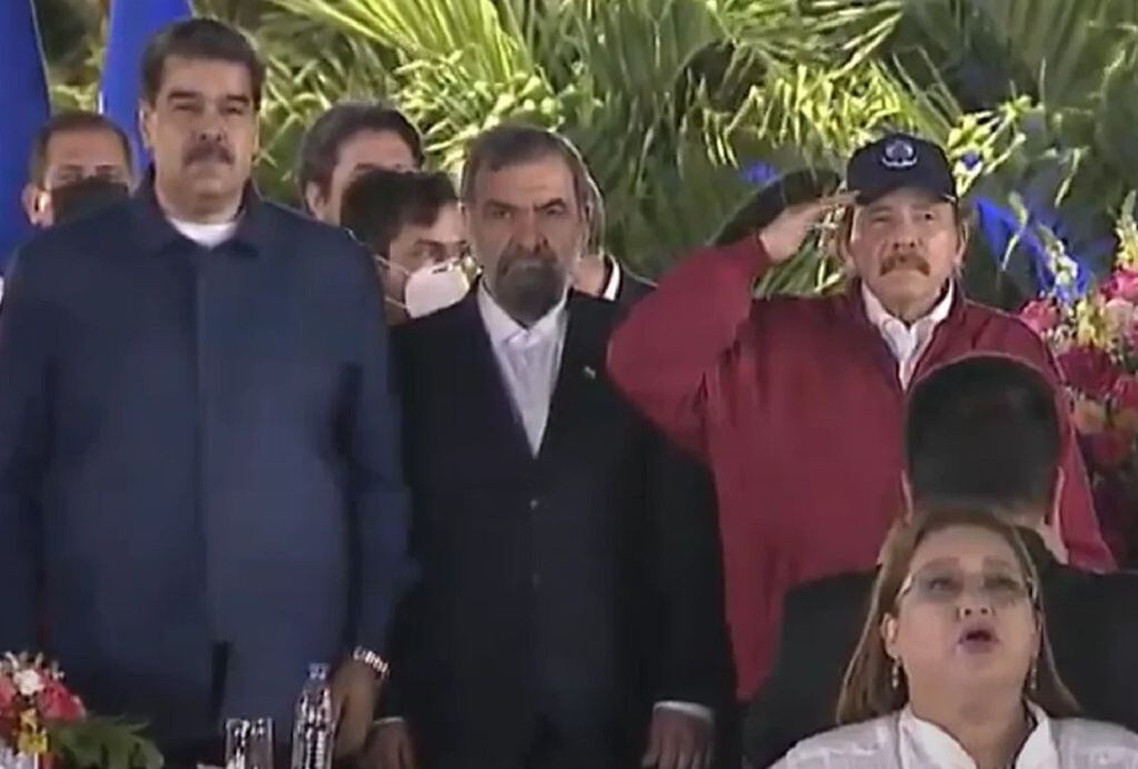 Nicolás Maduro, el iraní Mohsen Rezai y Daniel Ortega en Nicaragua (Captura de video) 