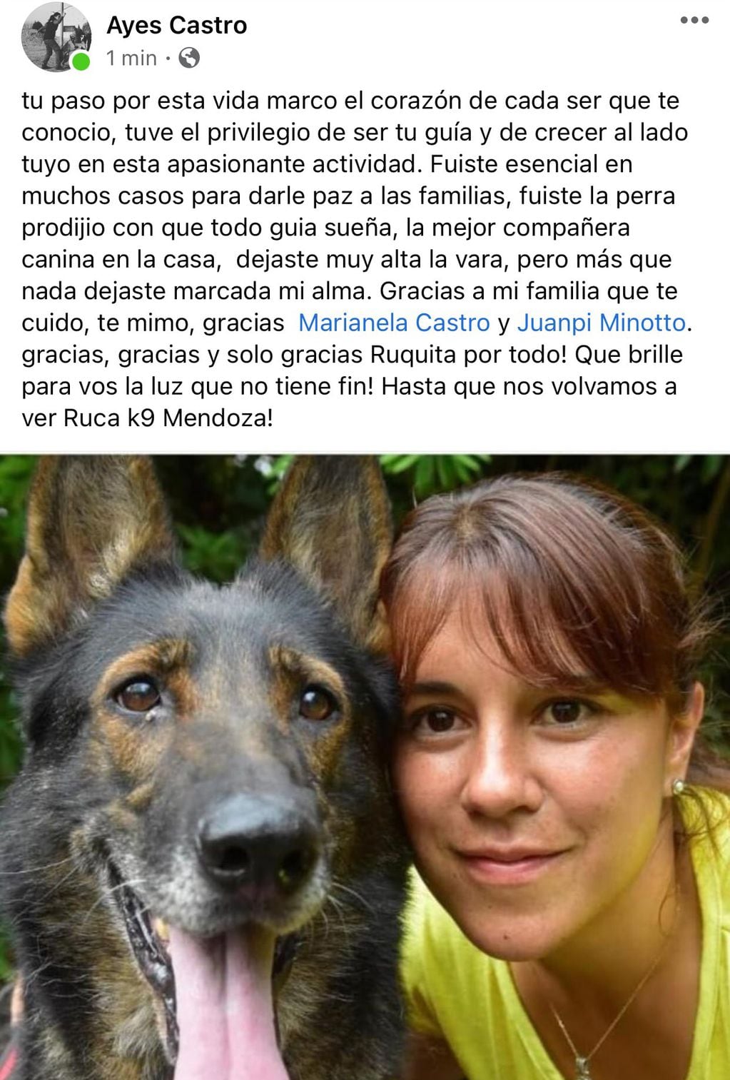 La perra que ayudó a esclarecer casos policiales en Mendoza falleció este miércoles.