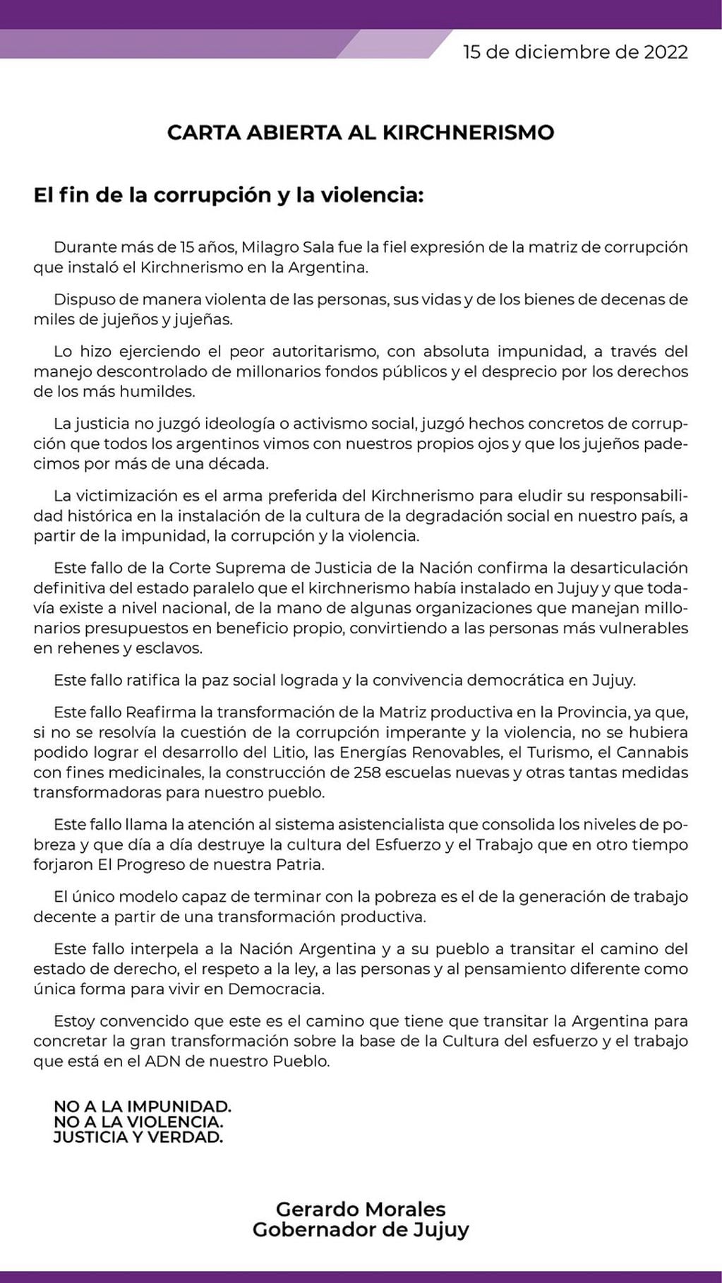 Gerardo Morales se expresó tras la ratificación de la condena a Milagro Sala (Twitter @GerardoMorales)