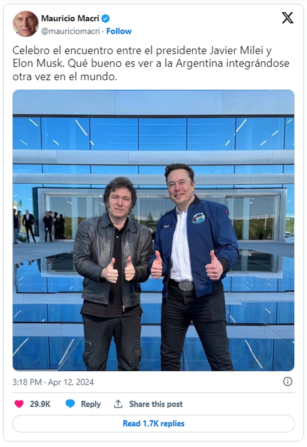 Mauricio Macri celebró la reunión entre Javier Milei y Elon Musk. Captura: X / @mauriciomacri