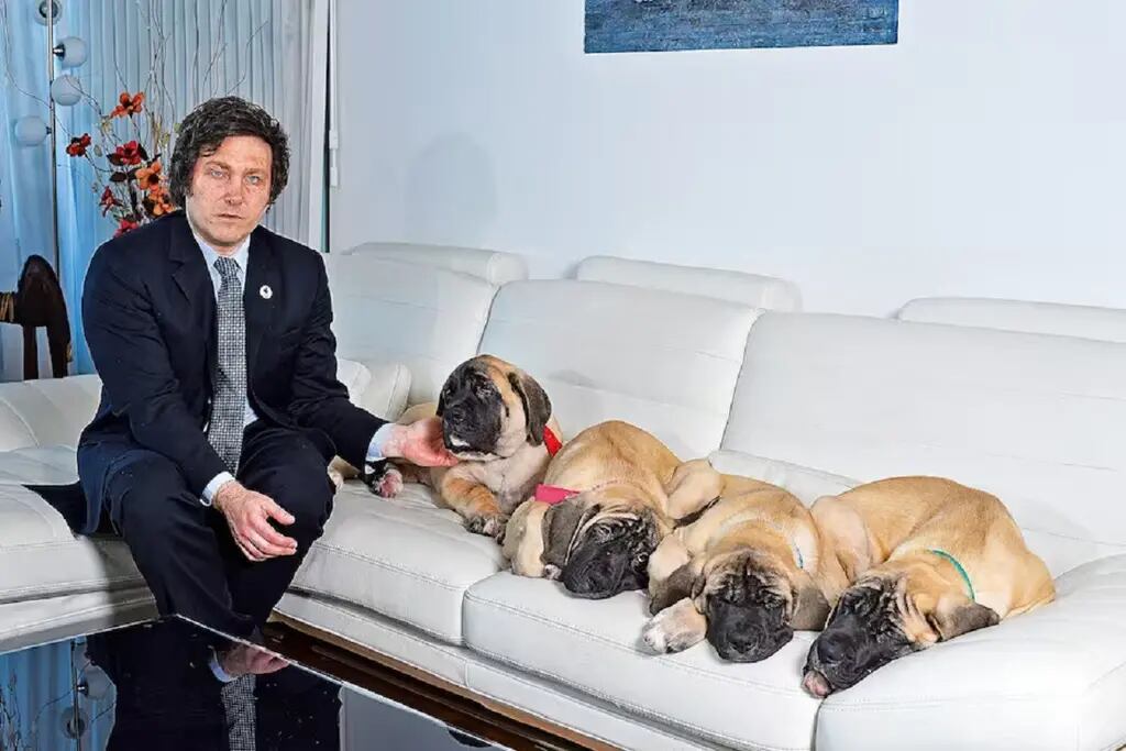 Javier Milei y sus cuatro perros en una foto de archivo
