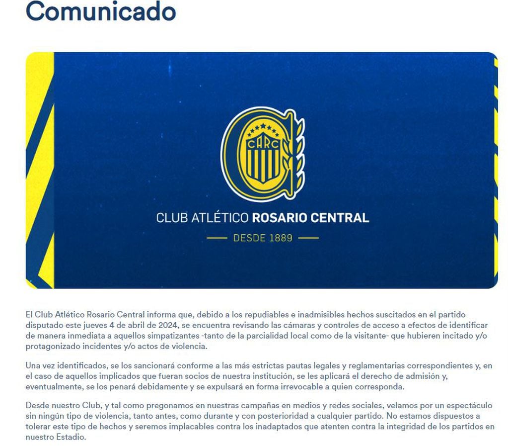 Comunicado de Rosario Central tras los hechos de violencia en el partico contra Peñarol, por Copa Libertadores.