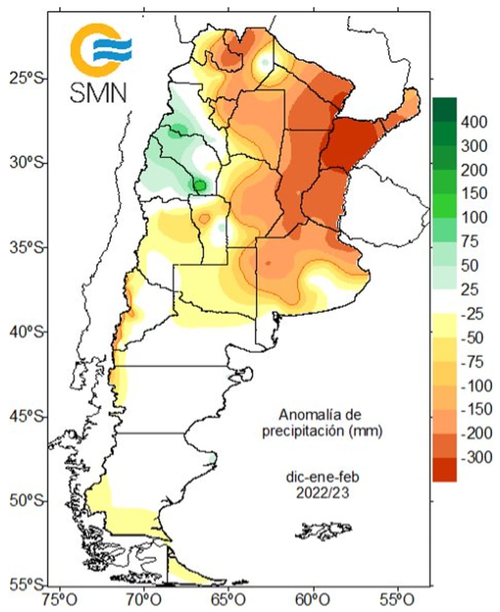 Mapa del SMN que refleja las anomalías de precipitaciones a lo largo del país. Foto: Servicio Meteorológico Nacional / Redes
