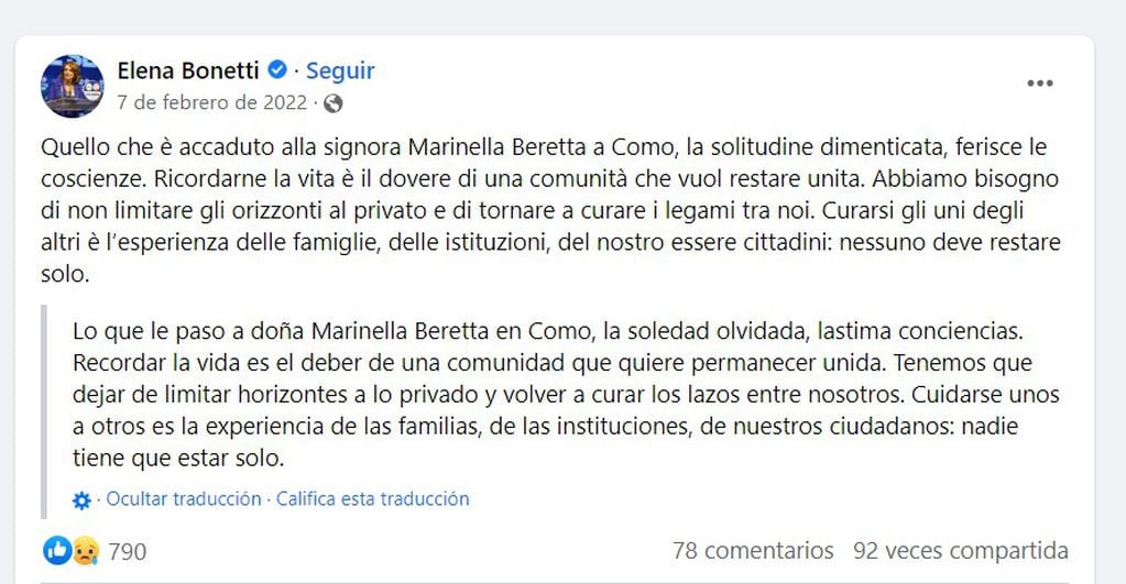 El mensaje en redes de Elena Bonetti, ministra para la Familia de Italia. Foto: Facebook