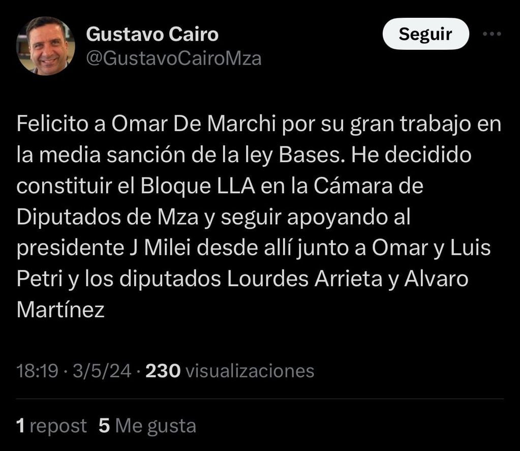 Gustavo Cairo anunció el bloque pero luego lo borró de las redes sociales.