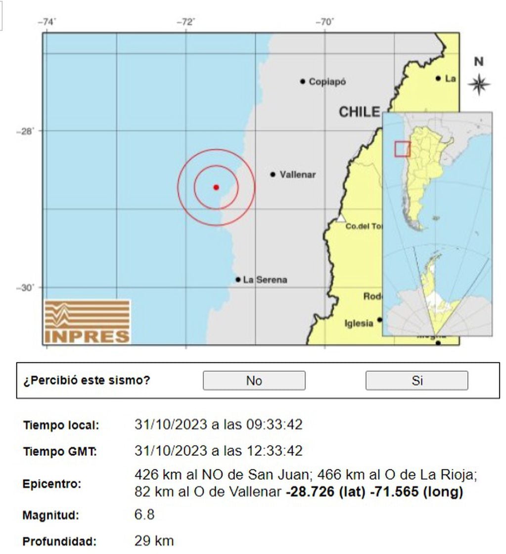 Sismo de magnitud 6.8 en Chile (Inpres)