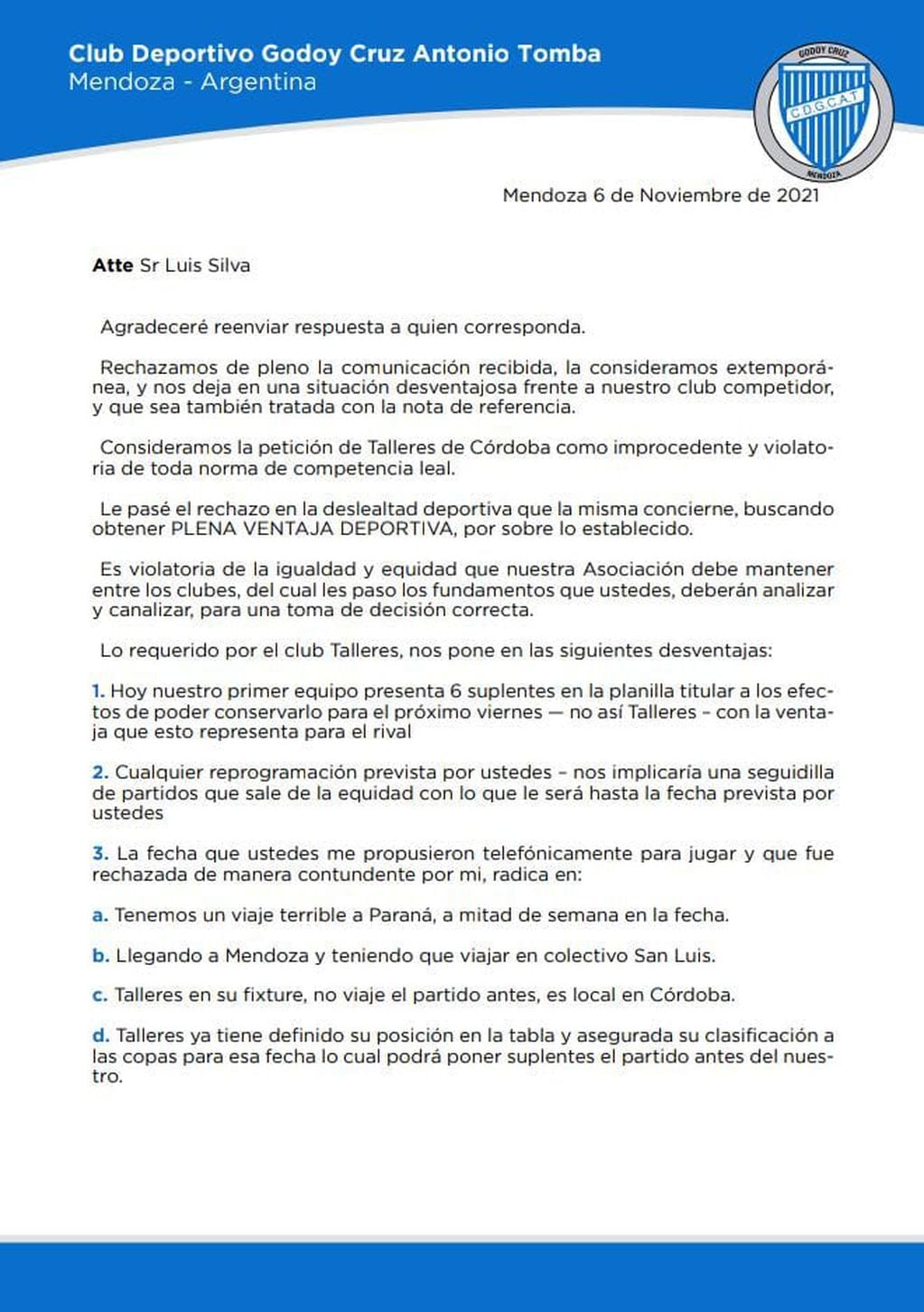 El rechazo de los directivos de Godoy Cruz a la posible postergación del partido semifinal de Copa Argentina. / Gentileza.