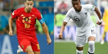 Desde las 15, Francia y Bélgica dirimirán el primer lugar finalista de la Copa. Dos de las figuras, Mbappé y Hazard, se admiran.