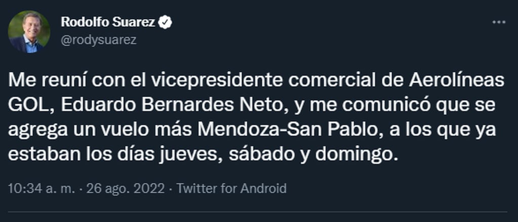 Suarez anunicó que se sumará una vuelo más entre Mendoza y San Pablo. - Twitter