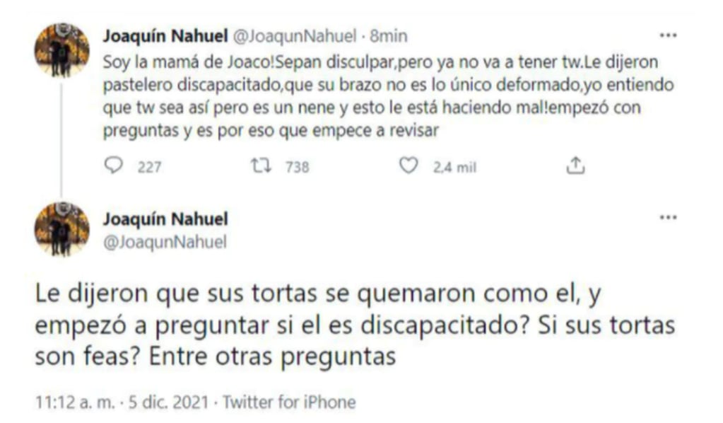 El reclamo de la mamá del nene pastelero (Twitter Joaquín Nahuel)