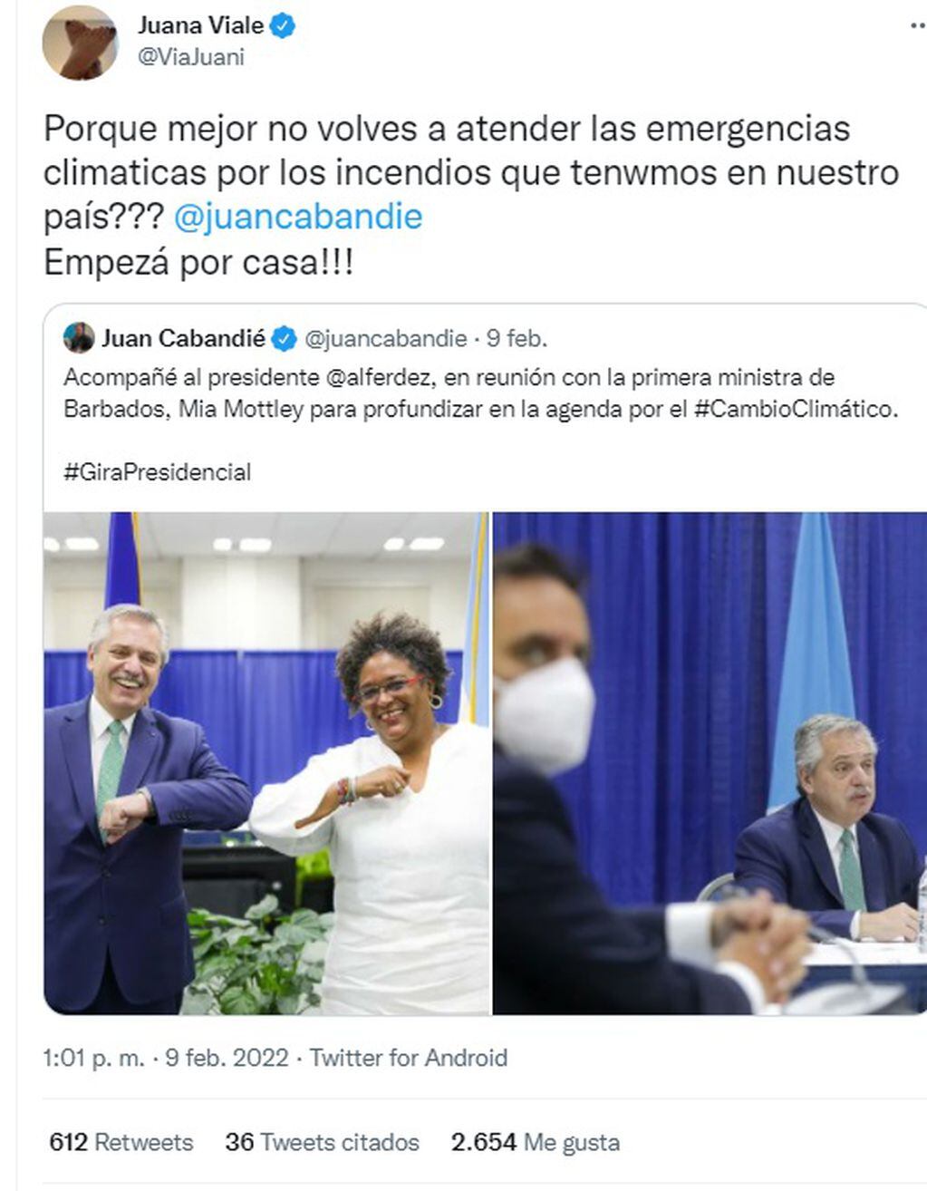 El reclamo de Juana Viale al ministro de Ambiente, Juan Cabandié (Twitter)