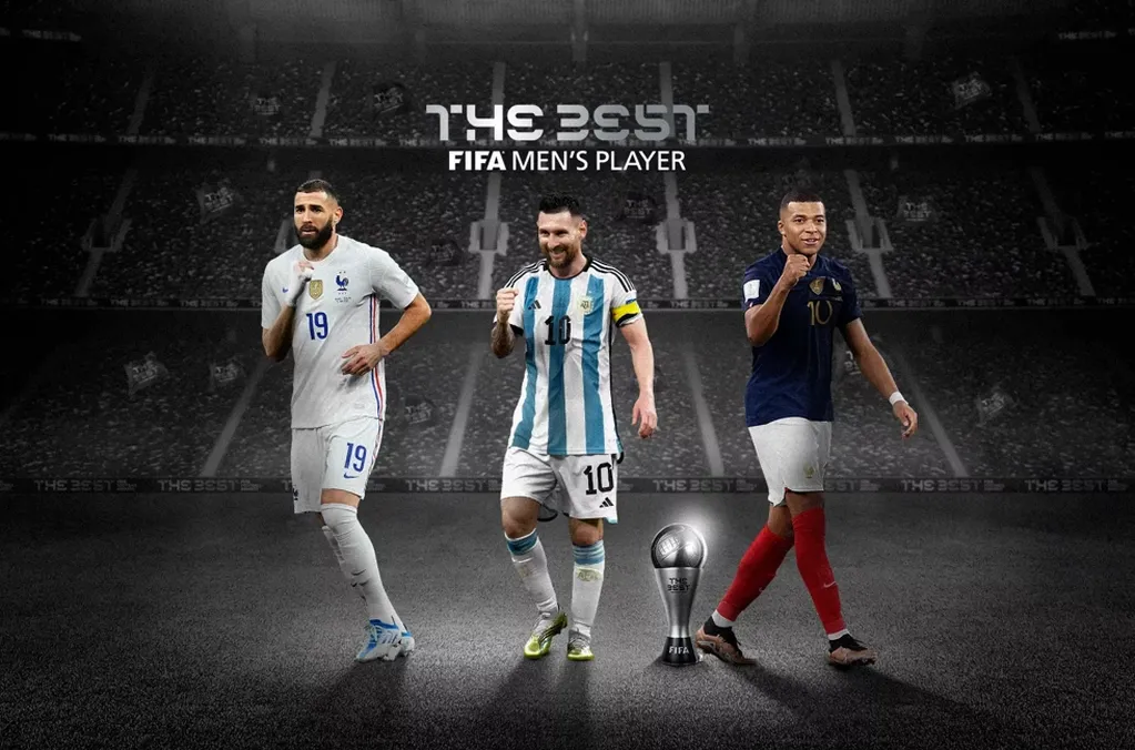 La terna a Mejor Futbolista del Año, con Karim Benzema, Lionel Messi y Kylian Mbappé. Foto: FIFA