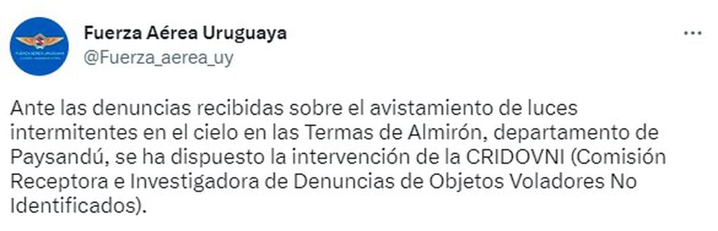 Así lo informó la Fuerza Aérea Uruguaya en Twitter.