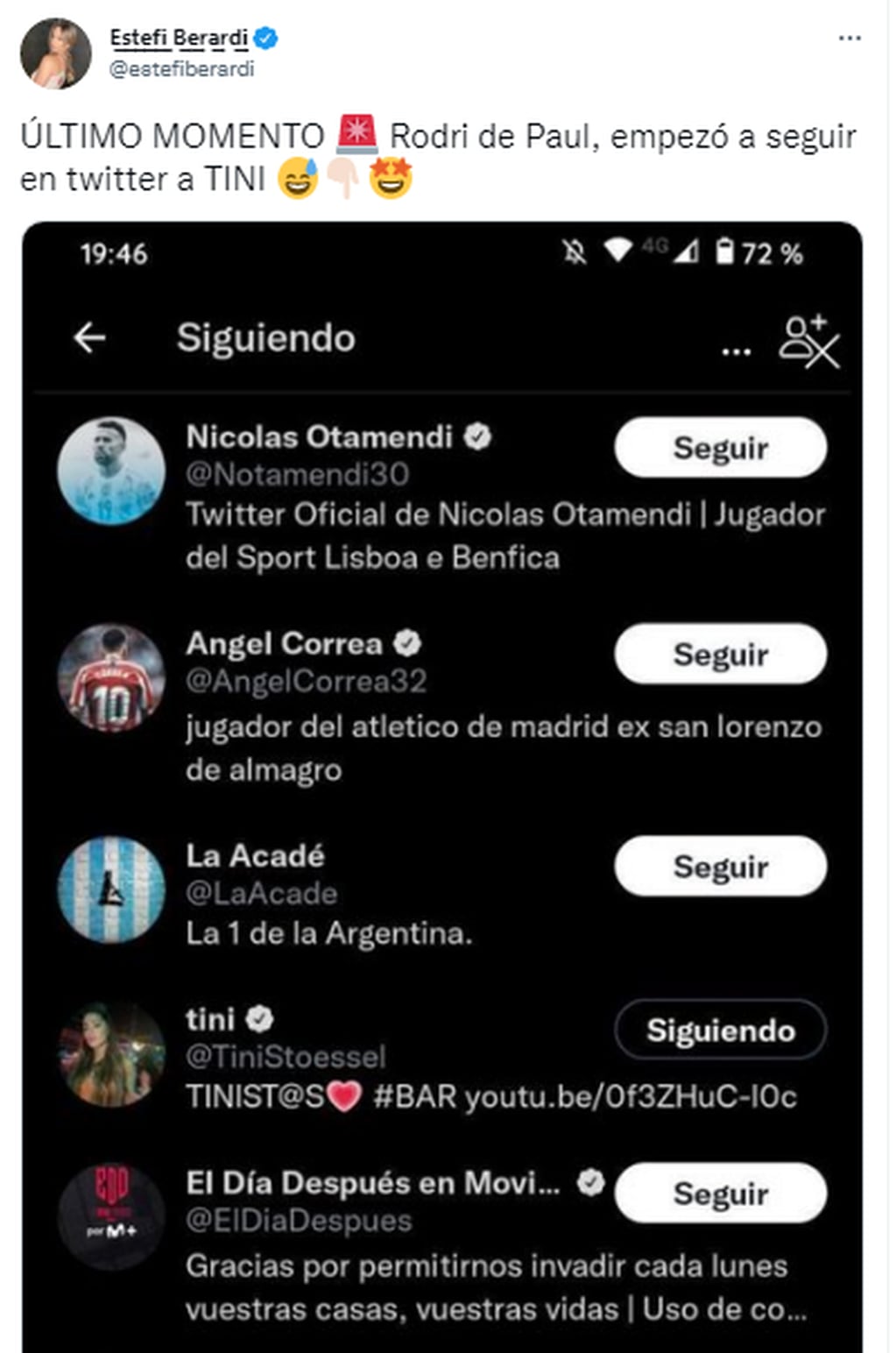 Estefanía Berardi se encargó de descubrir el nuevo movimiento del jugador en Twitter