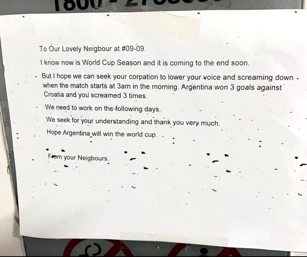 Es argentino, vive en Singapur y le dejaron una nota porque grita los goles de la Selección: “Espero que nos entiendas”. Foto: Twitter @gstreger