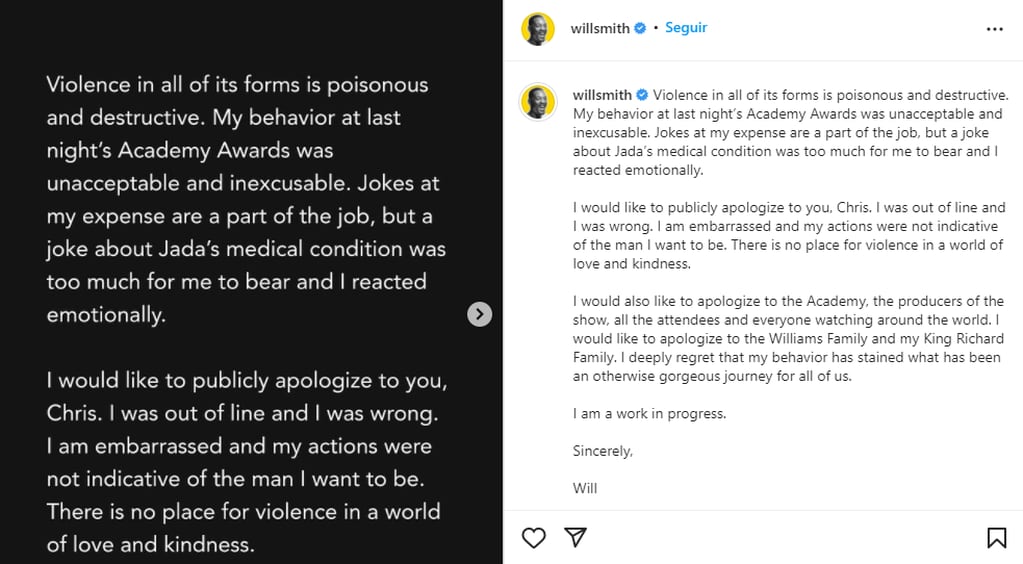 Las disculpas de Will Smith en sus redes