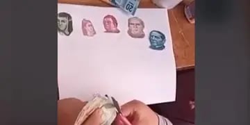 Niña mexicana realiza un “collage” recortando los rostros de los próceres de su país de billetes reales