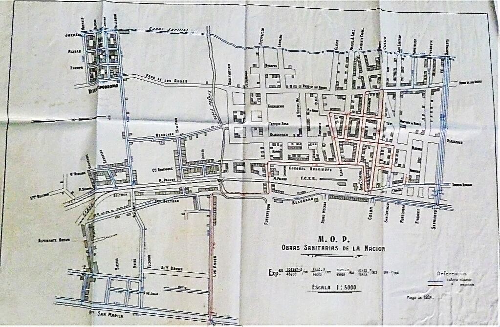 Mapa de cañerías existentes y proyectadas. Mendoza, 1924.
Fuente: Archivo AYSAM.