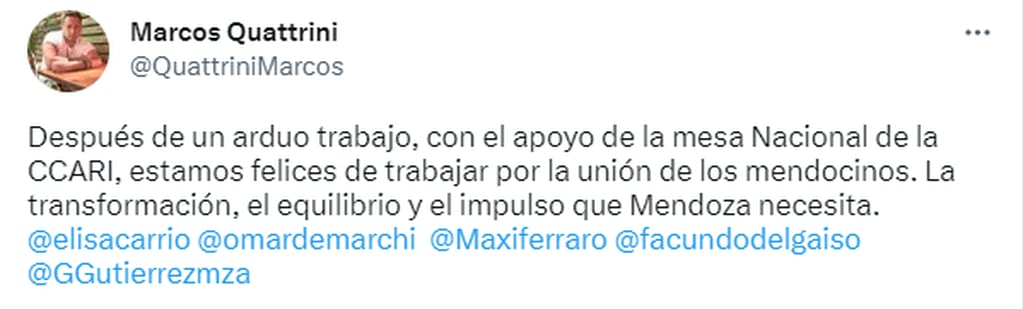 Marcos Quattrini, presidente de la Coalición Cívica-ARI confirmó la integración al frente de Omar de Marchi.