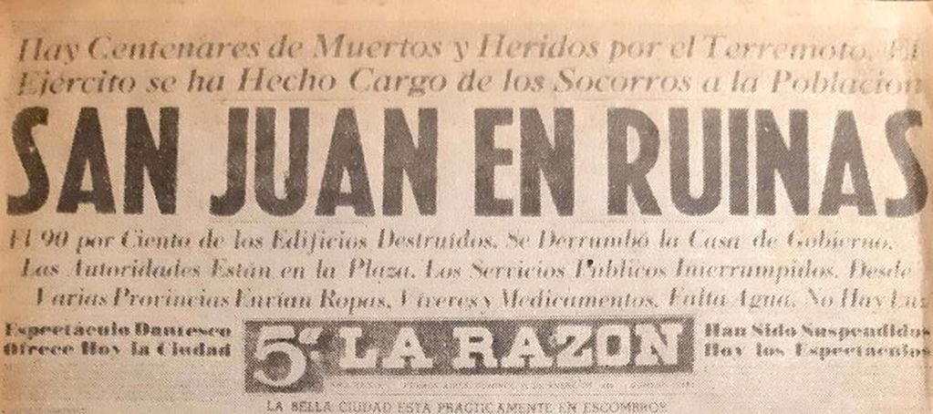 Portada del diario La Razón el día después del terremoto en San Juan en 1944. 