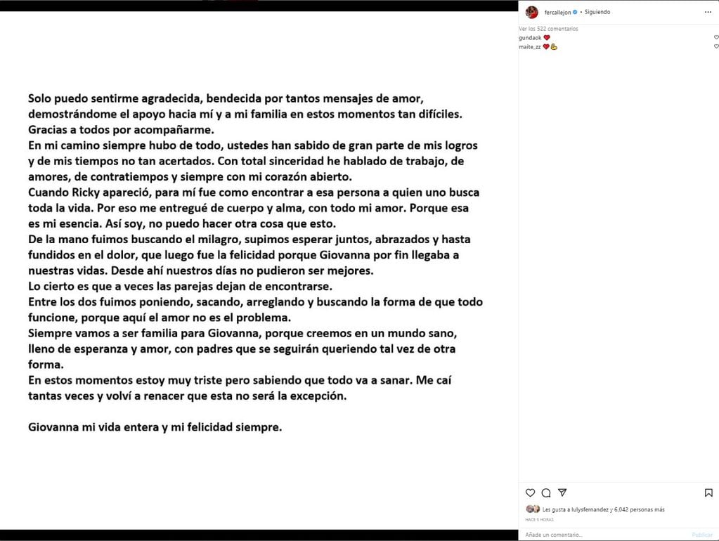 María Fernanda Callejón compartió una desgarradora carta tras confirmar su separación de Ricky Diotto.