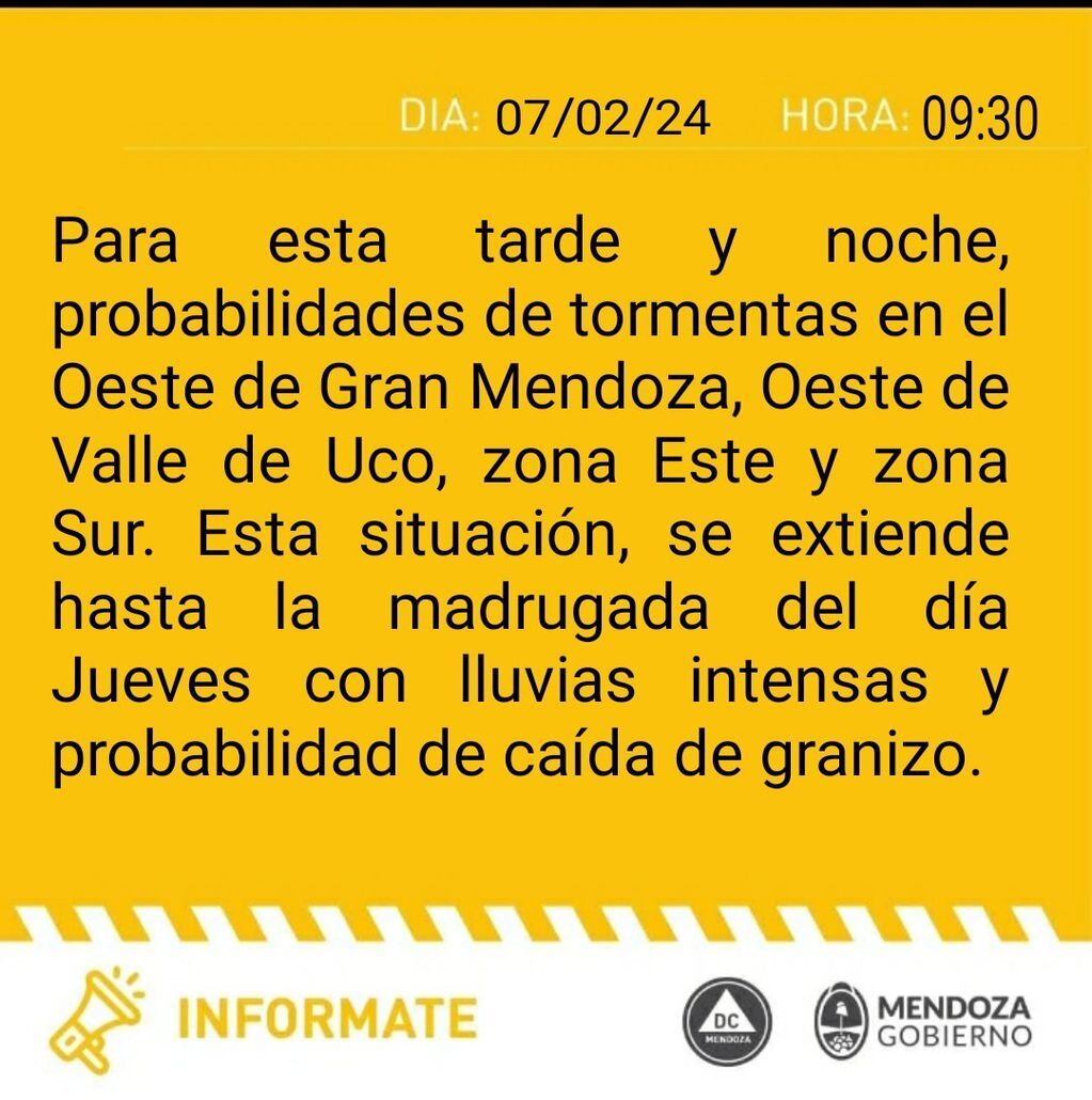 Alerta amarilla por tormentas en Mendoza.
