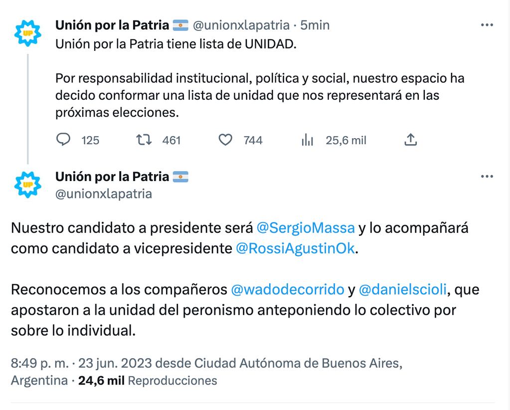 Unión por la Patria anunció la fórmula oficialista Sergio Massa - Agustín Rossi por Twitter