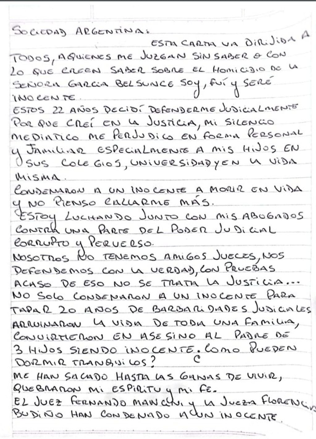 La primera parte de la carta de Nicolás Pachelo dirigida a la sociedad argentina. (Foto: Twitter)