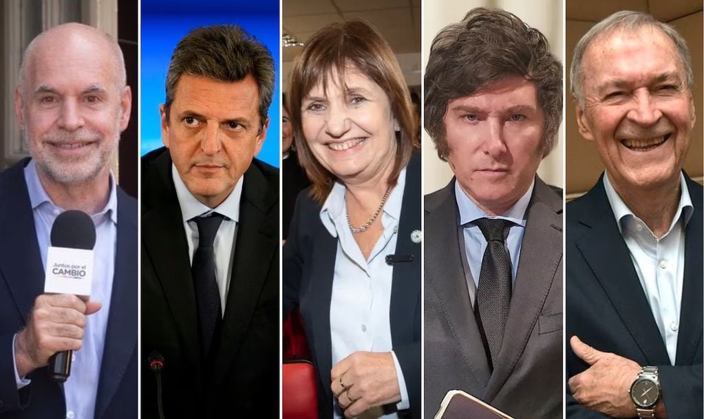 Horacio Rodríguez Larreta, Sergio Massa, Patricia Bullrich, Javier Milei y Juan Schiaretti. Precandidatos a presidente.