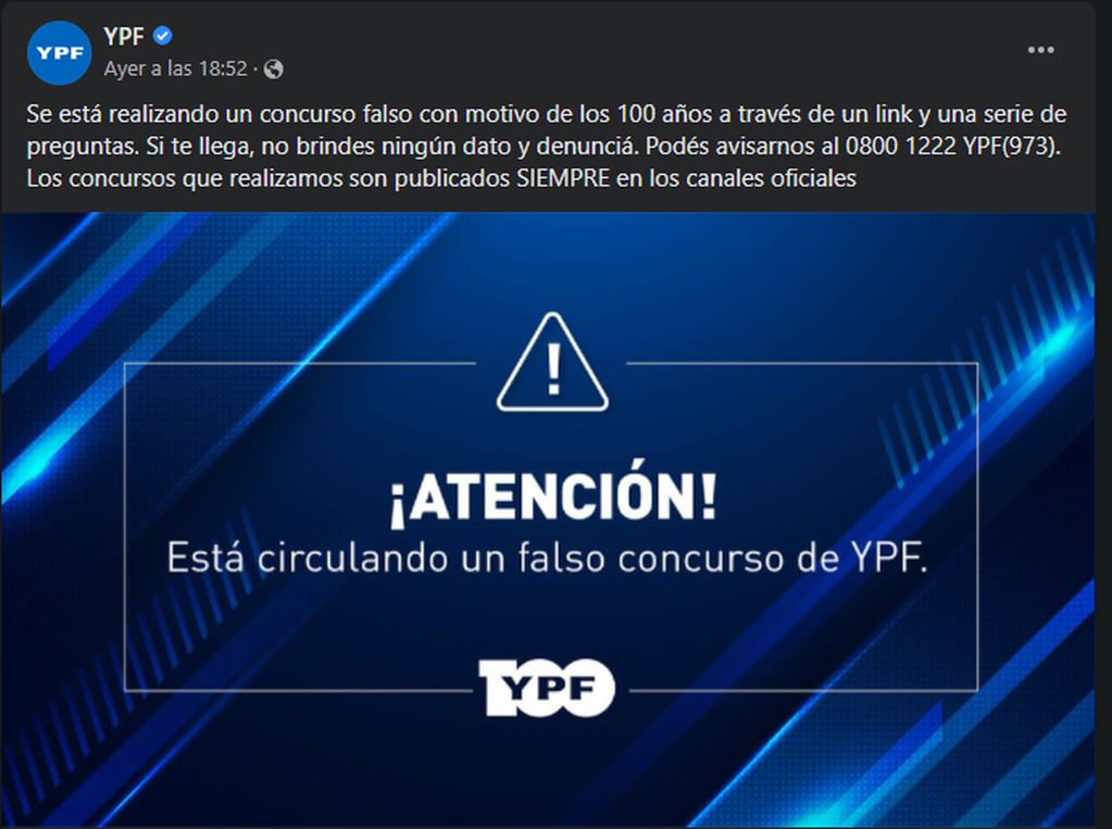 YPF advirtió sobre un falso concurso por su centenario viralizado en WhatsApp.