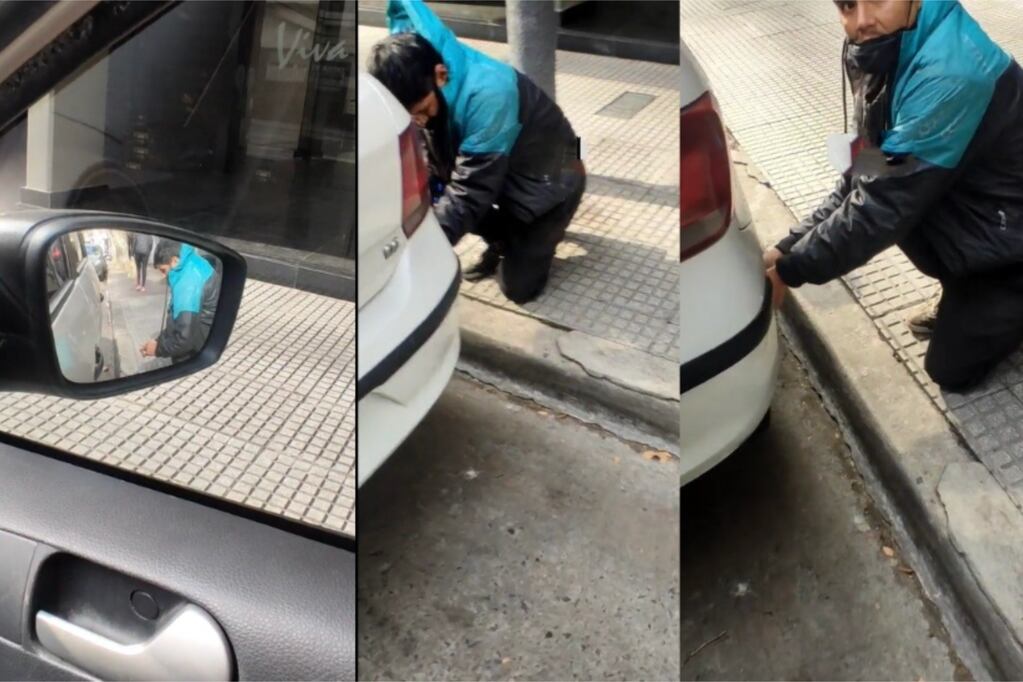 Un hombre filmó desde adentro del auto como le intentaban robar la rueda en pleno día y con el adentro.