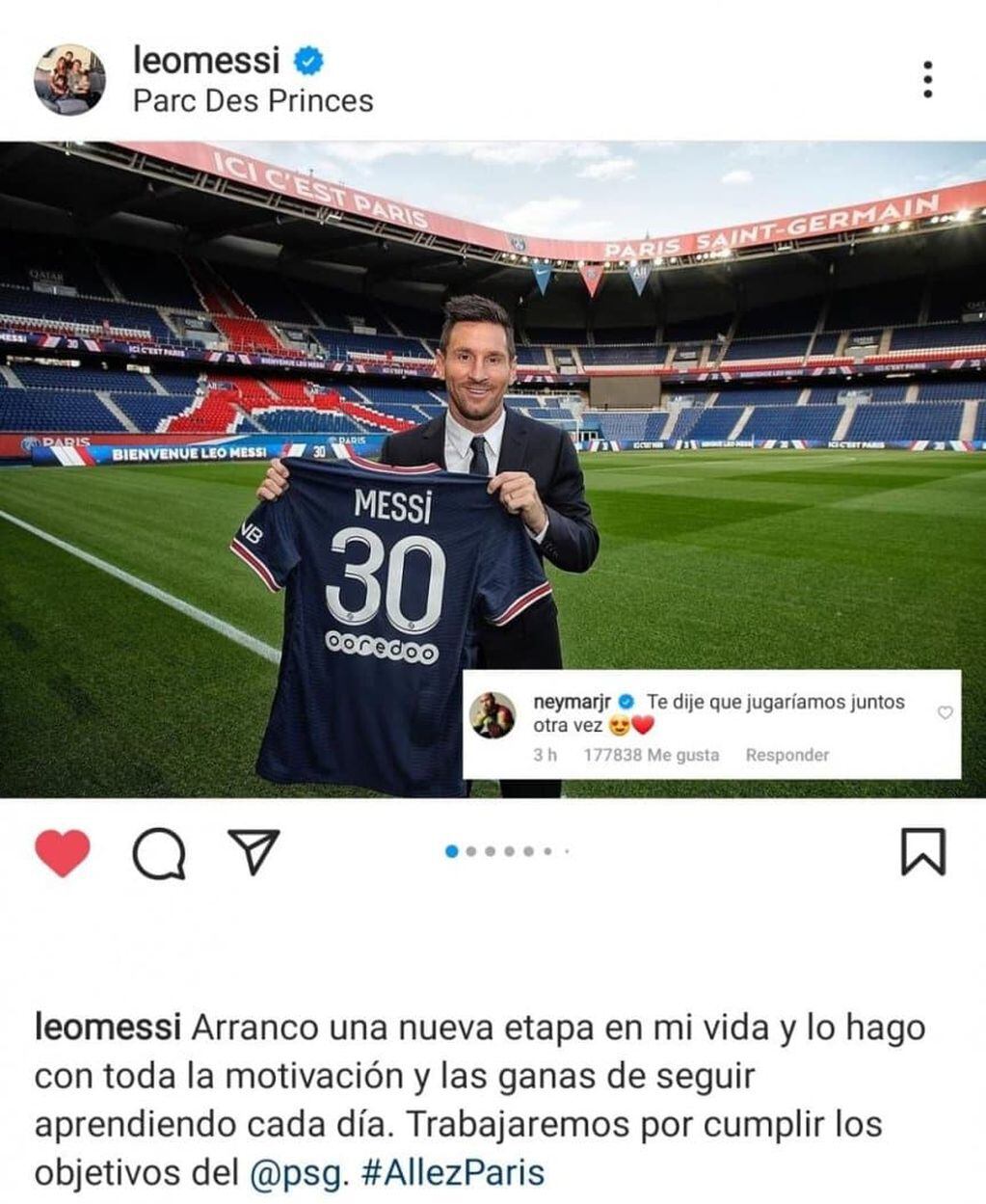 La pícara respuesta de Neymar al primer posteo de Messi como jugador del PSG. / Gentileza.